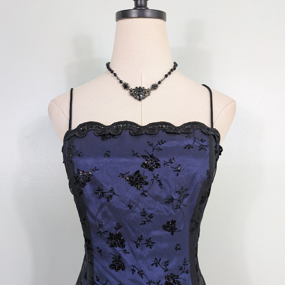Vintage Betsy Adam Prom Dress Maxi Gown M Blue Black 90s Goth Velvet Floral - Picture 5 of 14